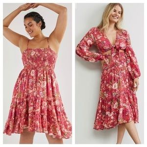 Anthropologie Smocked Floral Skirt Set | 1X | Red |Dress/Skirt & Tie Front Top